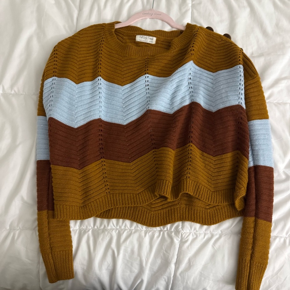Striped Mustard, Brown, and Light Blue Sweater